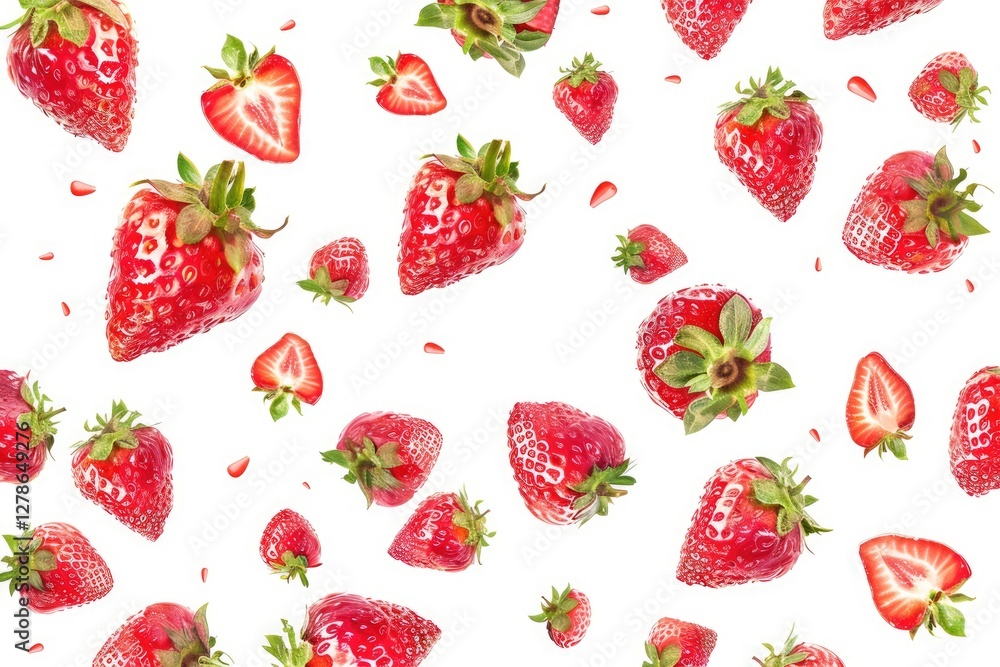 Floating strawberries and slices on white background Floating strawberries and slices on white background