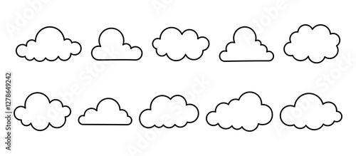 Set of outline clouds icons in flat style, on white background.