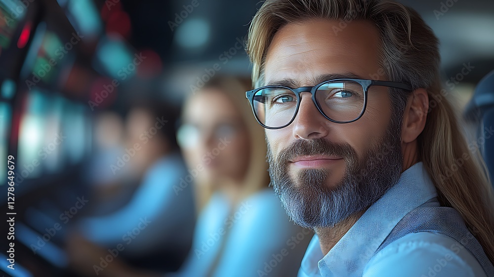 Businessman in office with blurred colleagues Businessman in office with blurred colleagues