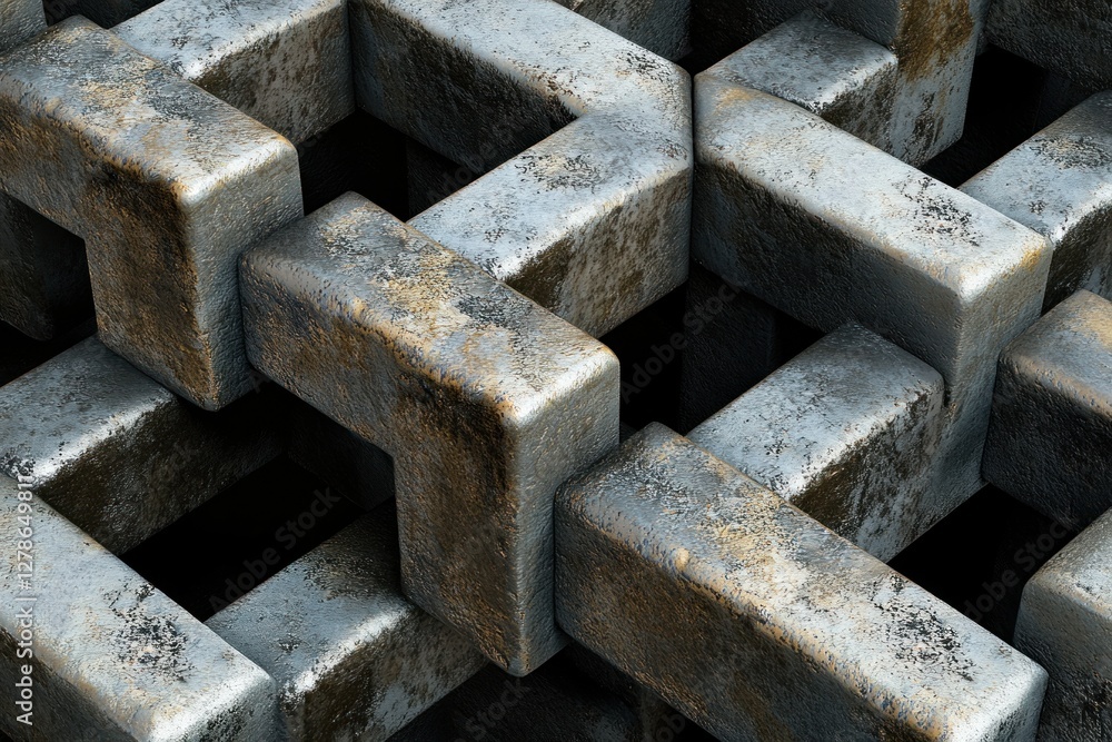 Interlocking metallic blocks, textured surface. Interlocking metallic blocks, textured surface.