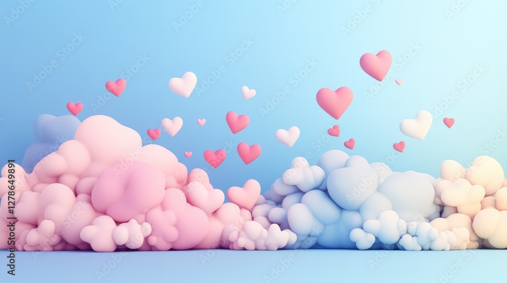 A kawaii-style soft blue cloudscape with floating tiny hearts, soothing cute background with copy space. A kawaii-style soft blue cloudscape with floating tiny hearts, soothing cute background with copy space.