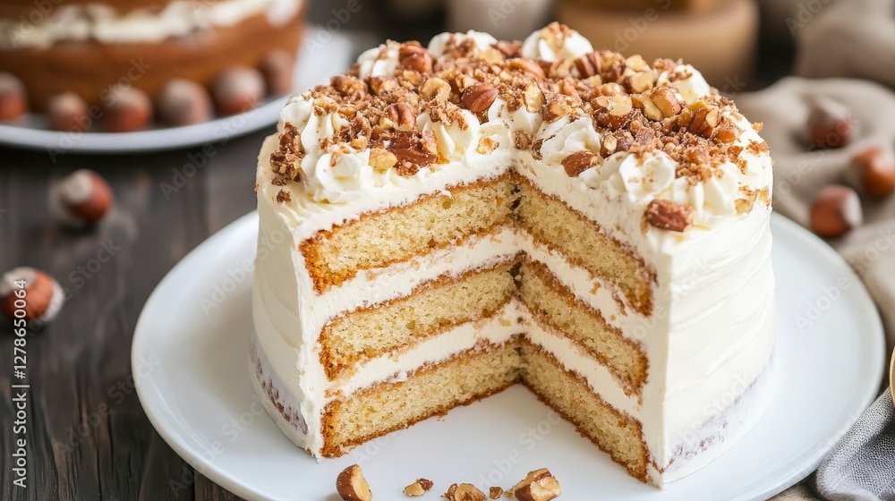A Delectable Layered Cake with Whipped Cream and Nuts A Delectable Layered Cake with Whipped Cream and Nuts
