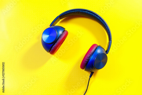 big blue stereo headphones with wire on yellow background, top view, music concept photo