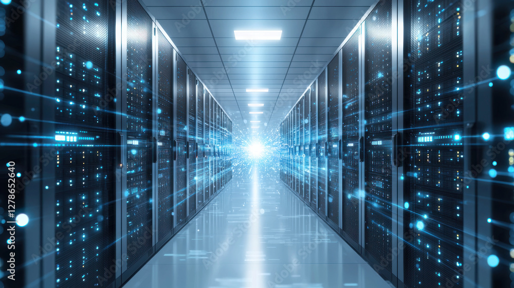 Futuristic server room with digital security and cloud technology Futuristic server room with digital security and cloud technology