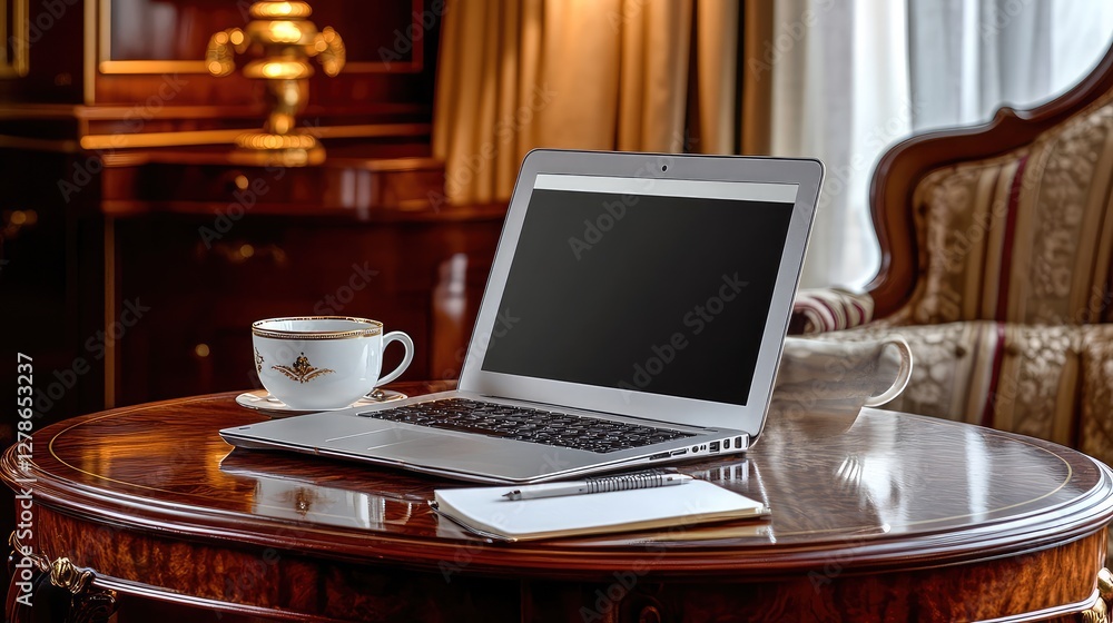 A professional workspace setup in a high-end hotel lounge, laptop, notebook, and coffee on a polished wooden table, copy space. A professional workspace setup in a high-end hotel lounge, laptop, notebook, and coffee on a polished wooden table, copy space.
