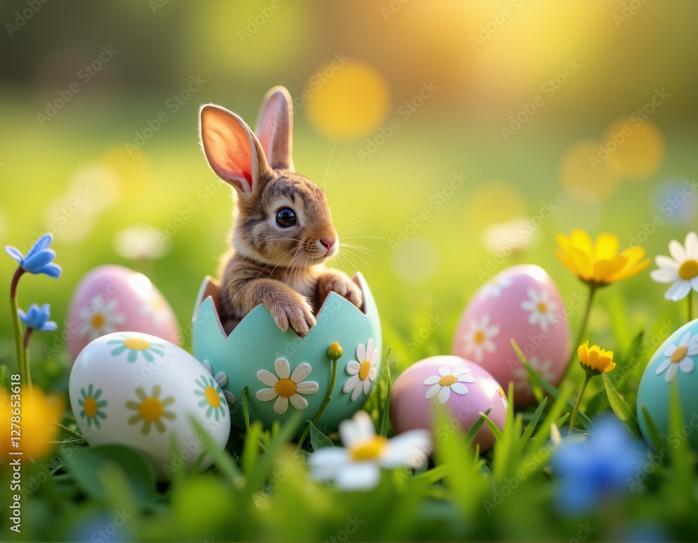 Fototapeta premium Rabbit sits in an Easter egg on green grass. Easter decor.