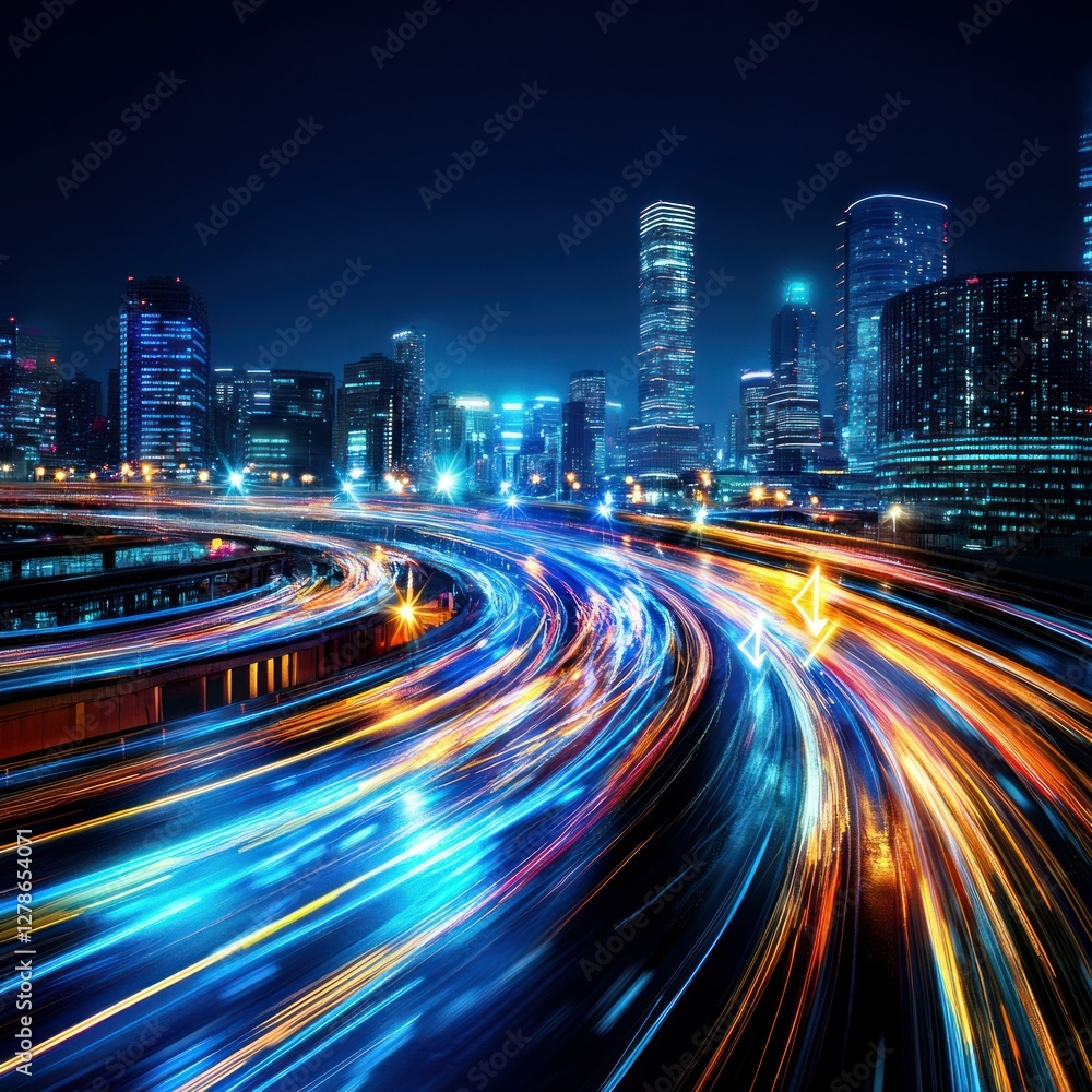 Fototapeta premium Abstract Light Trails Forming Arrow Directions in a Dark Cityscape
