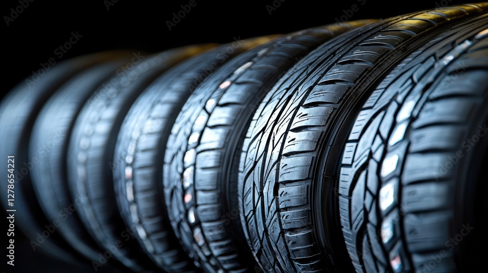 A perfectly aligned row of new tires displayed for sale in an automotive store A perfectly aligned row of new tires displayed for sale in an automotive store