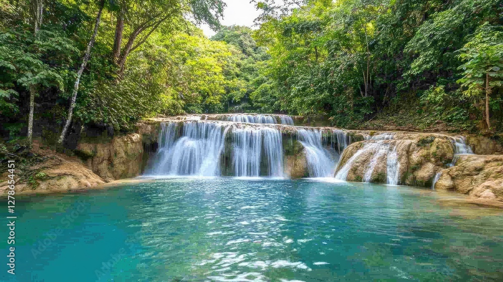 Fototapeta premium A scenic waterfall deep in the forest, mist rising from the pool below, perfect nature escape with copy space.