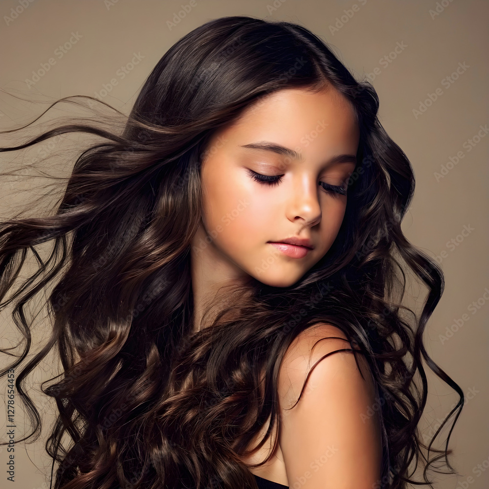 Naklejka premium girl silky dark brown wavy hairs