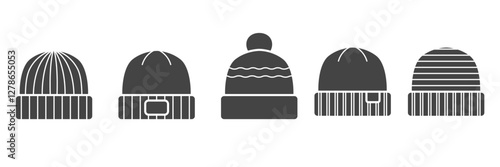 Beanie caps black icon set. Winter knitted hats. Vector illustration on white