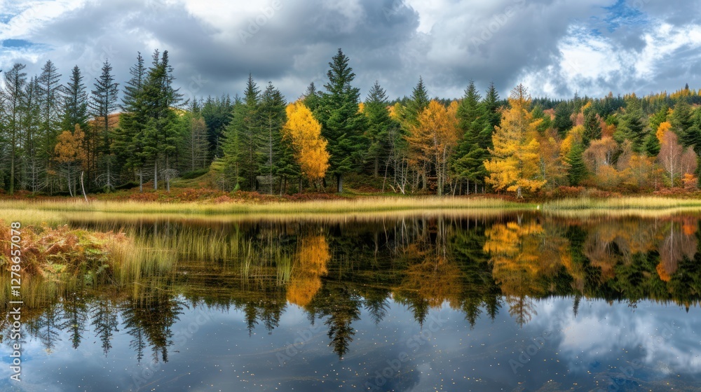 Autumnal Serenity: Mirrored Reflections of a Picturesque Lake and Forest