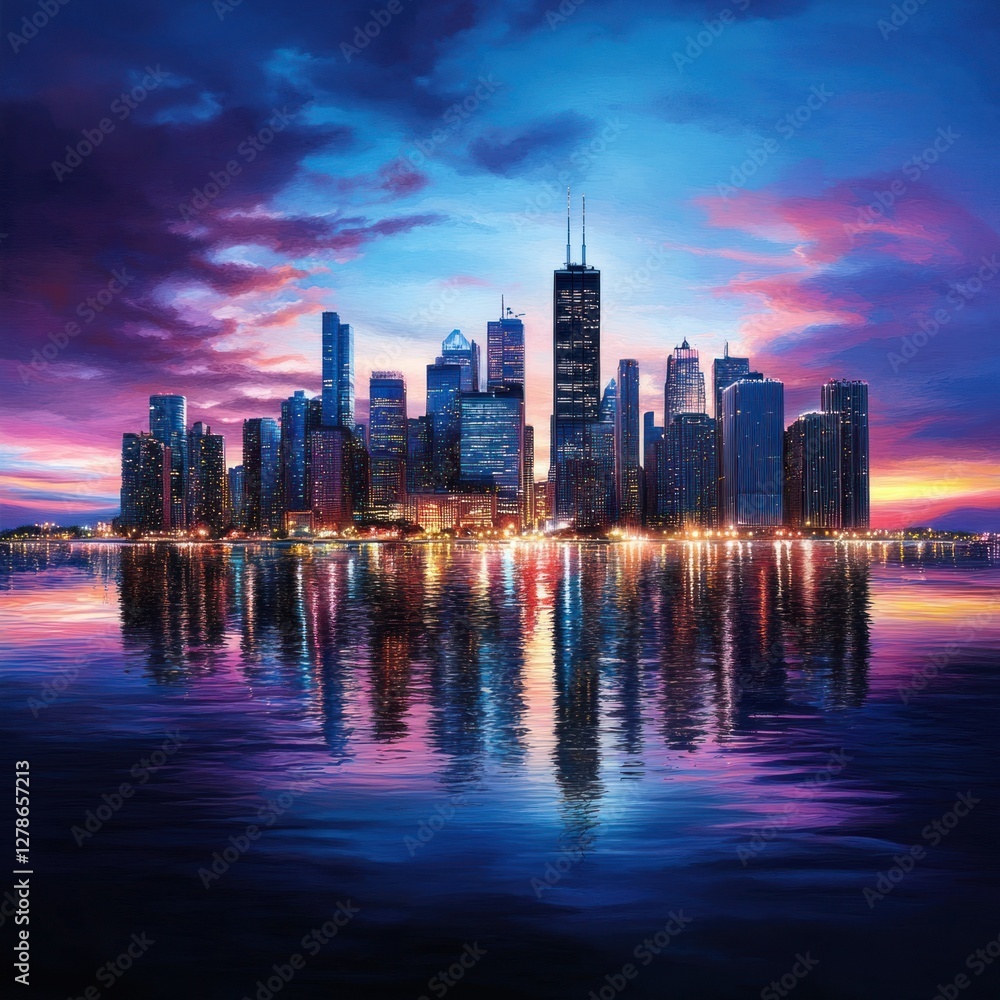 Obraz premium City Skyline at Dusk with Reflections