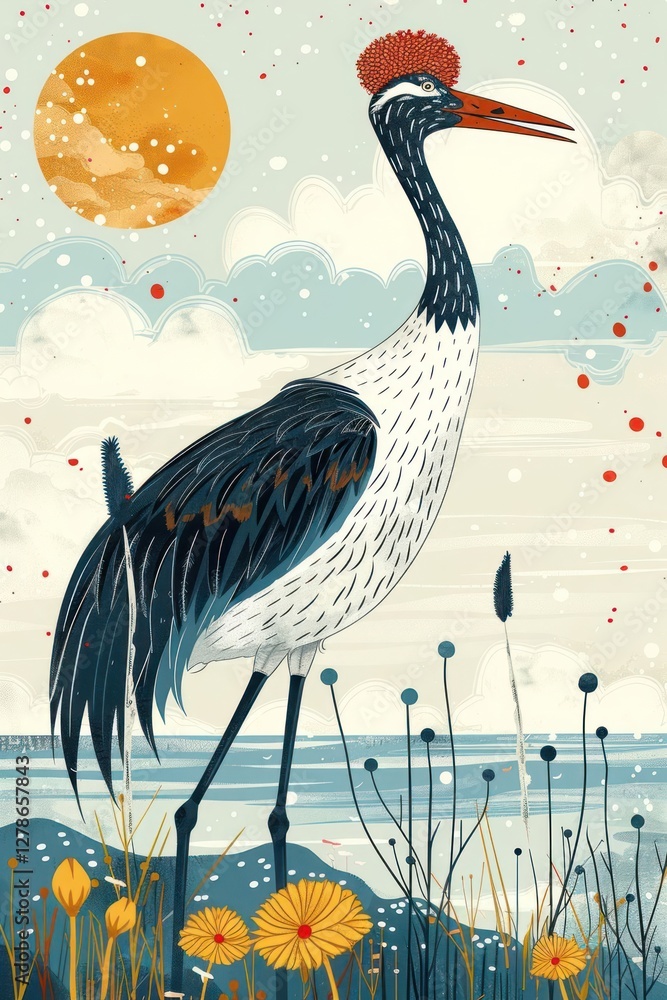 Fototapeta premium A colorful illustration of a crane standing by a body of water with flowers and a sun.