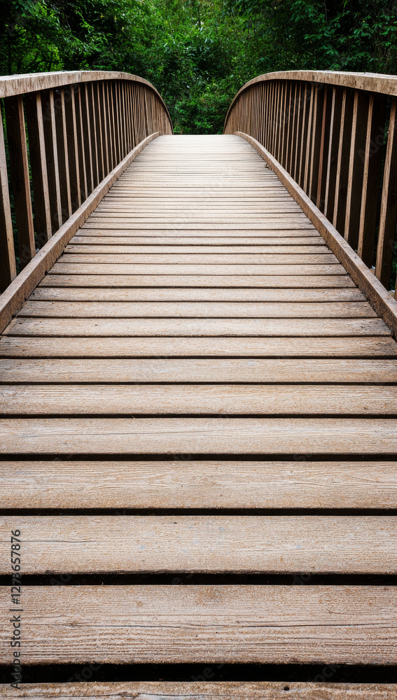 wooden bridge leads through lush green forest, inviting exploration wooden bridge leads through lush green forest, inviting exploration