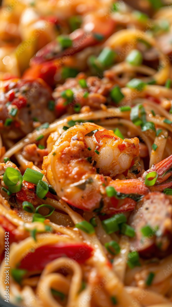 Vertical close-up of Southern Comfort Seafood Linguine with creamy Cajun-style sauce, crawfish tails, andouille sausage, bell peppers, and green onions sprinkled on top. Vertical close-up of Southern Comfort Seafood Linguine with creamy Cajun-style sauce, crawfish tails, andouille sausage, bell peppers, and green onions sprinkled on top.