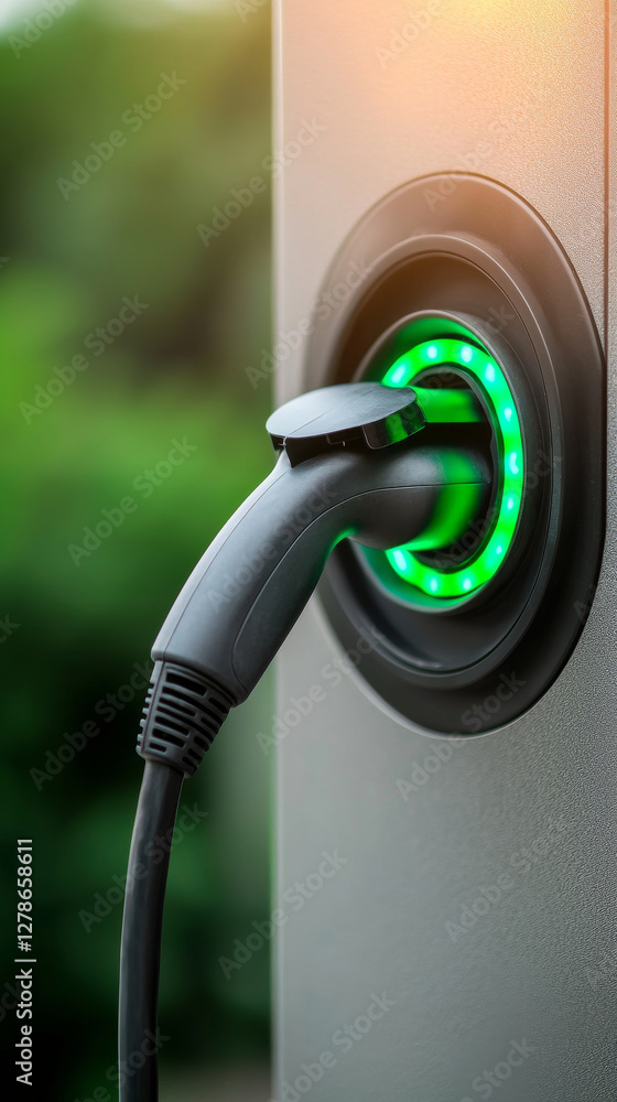 Electric vehicle charging station with green indicator light Electric vehicle charging station with green indicator light