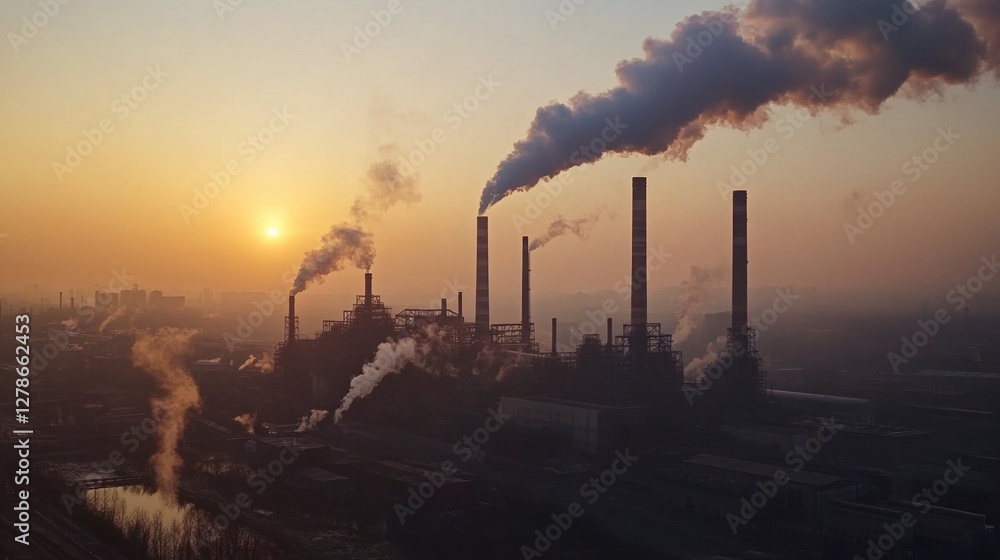 industrial landscape with heavy pollution produced by a large factory industrial landscape with heavy pollution produced by a large factory