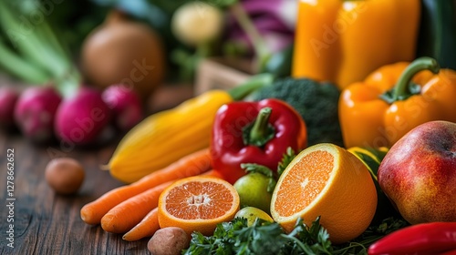Close-up of vibrant fresh vegetables and fruits on wooden table, symbolizing healthy blood pressure foods, emphasizing natural nutrition and wellness.
