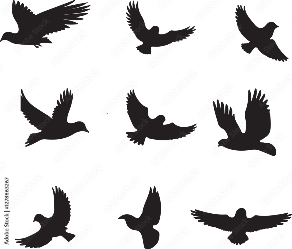 Set of flying pigeon silhouettes isolated on a white background vector illustration. Set of flying pigeon silhouettes isolated on a white background vector illustration.