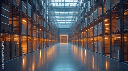 Wallpaper Mural A modern warehouse interior with illuminated shelving, showcasing a clean, spacious design and a bright entrance, emphasizing efficiency and organization. Torontodigital.ca