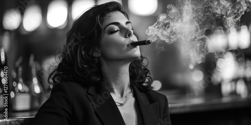 Woman smokes cigarette in bar