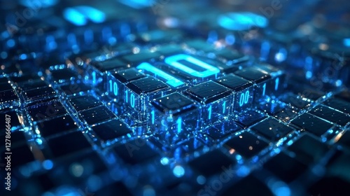 Glowing Blue Number 10 on Digital Cubes Abstract 3D Render