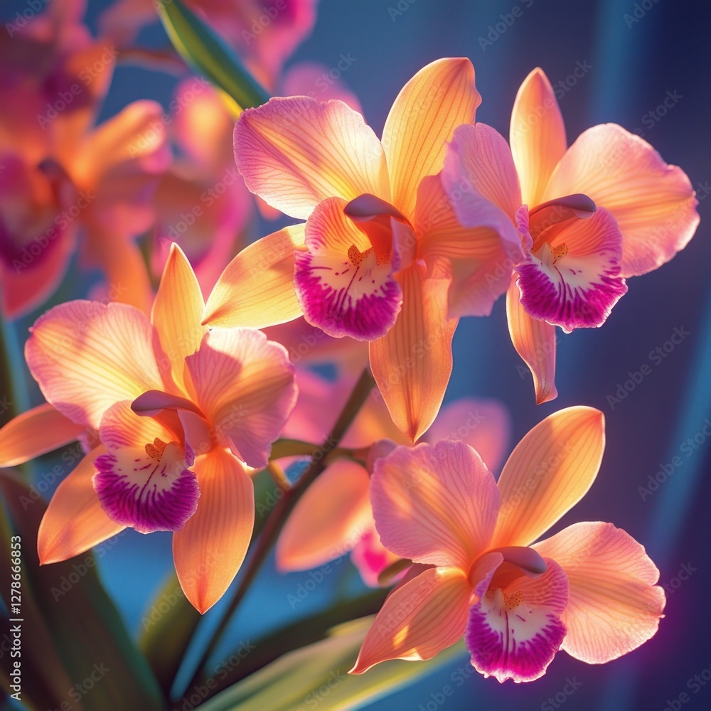 Vibrant orchids in soft sunlight. Possible use Botanical photography Vibrant orchids in soft sunlight. Possible use Botanical photography