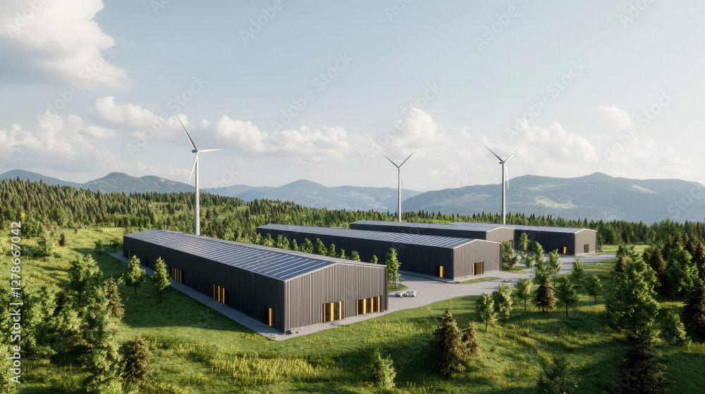 Obraz premium Sustainable industrial complex with wind turbines in green landscape
