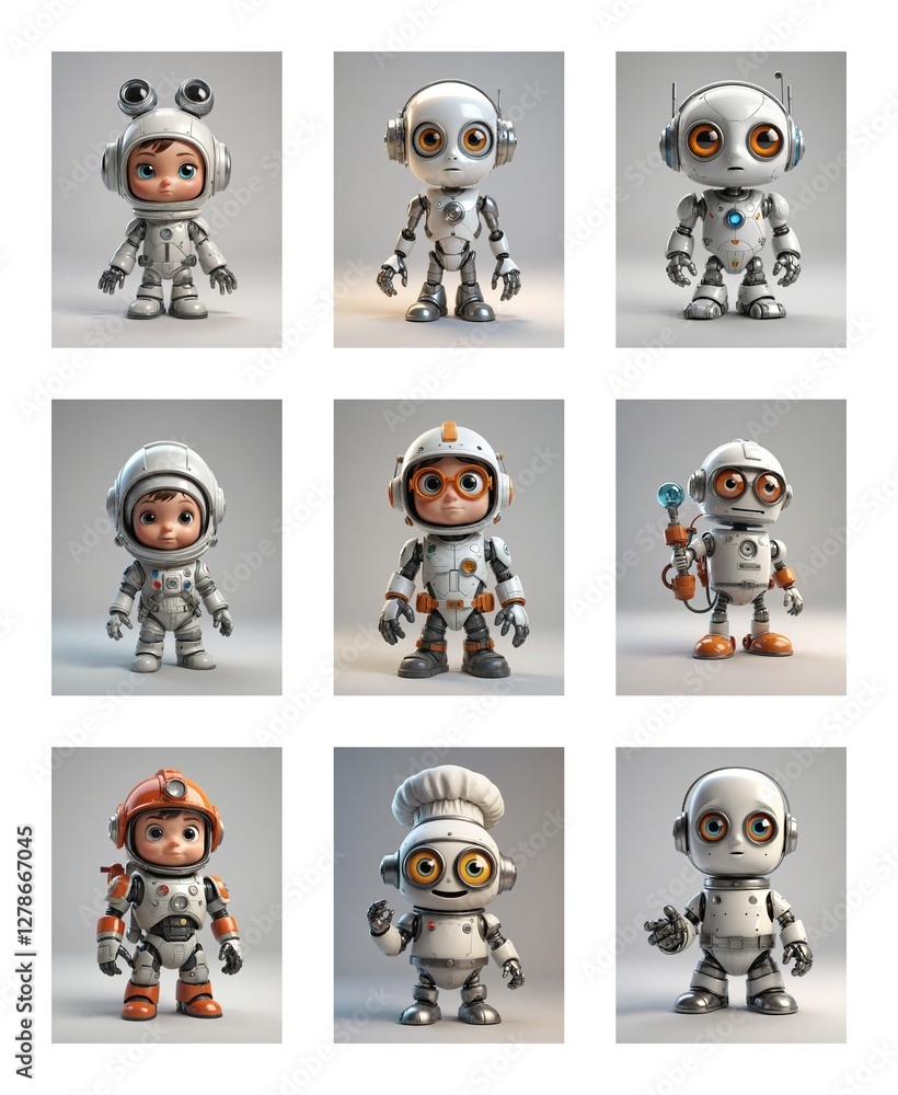 Fototapeta premium Nine cartoonish robots with diverse looks and poses, standing against a neutral background, showcasing various designs and styles.