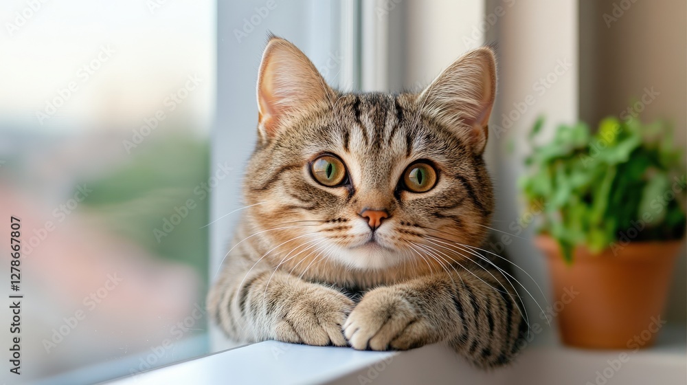 Adorable tabby cat relaxing on windowsill with potted plant in background Adorable tabby cat relaxing on windowsill with potted plant in background