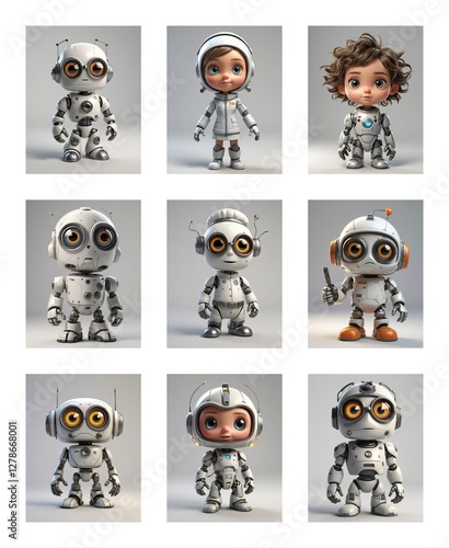 Nine cartoonish 3D figures arranged in a 3x3 grid.  They are robots and humanoids with big eyes, posing against a plain white backdrop, resembling toy figures. photo