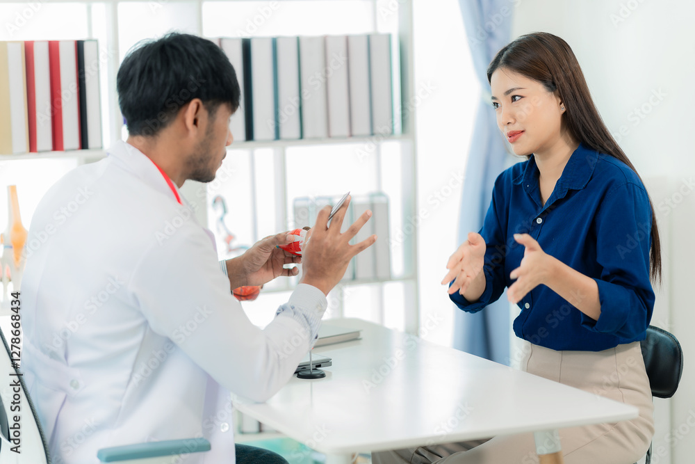 Fototapeta premium A male orthopedist gives advice to female patients and lectures to female patients in the hospital. medical health care