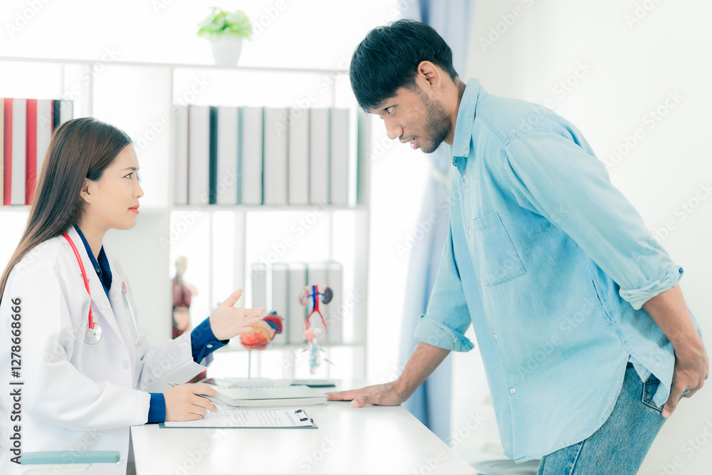 Young man consults doctor about urinary tract infection, loss of sexual function. pain in the urinary tract Young man clenches his fist in the prostate area health concept Young man consults doctor about urinary tract infection, loss of sexual function. pain in the urinary tract Young man clenches his fist in the prostate area health concept
