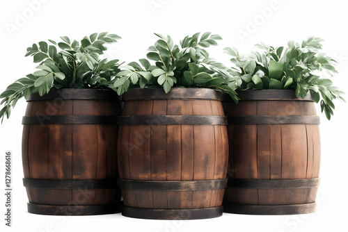 Wooden Barrels with Lush Gr...