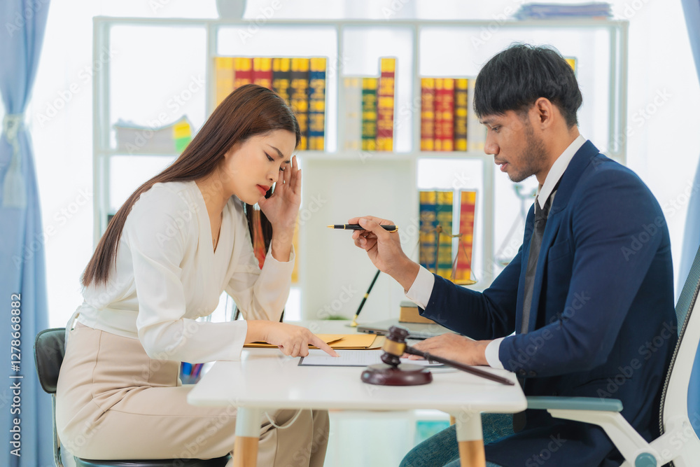Male lawyer discussing contract documents, business woman sitting at advice table, legal consulting service and a scale with a judge's hammer placed next to it. Male lawyer discussing contract documents, business woman sitting at advice table, legal consulting service and a scale with a judge's hammer placed next to it.