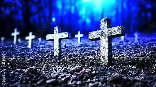 Stone Crosses Night Cemeter...