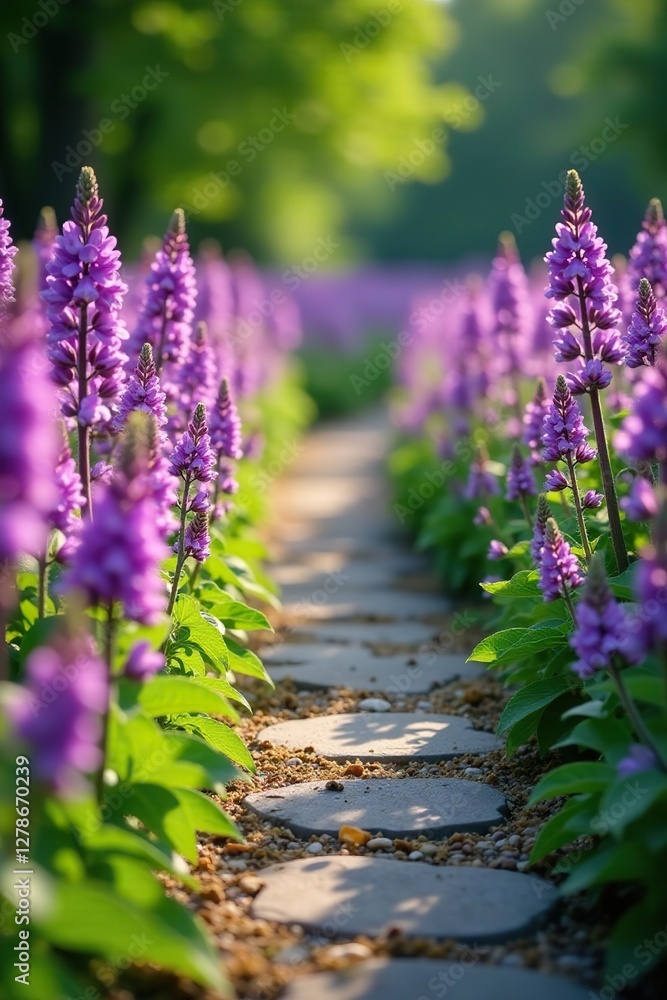 Obraz premium Purple Murdannia Giganteum flowers lining a stone path, walkway, meadow