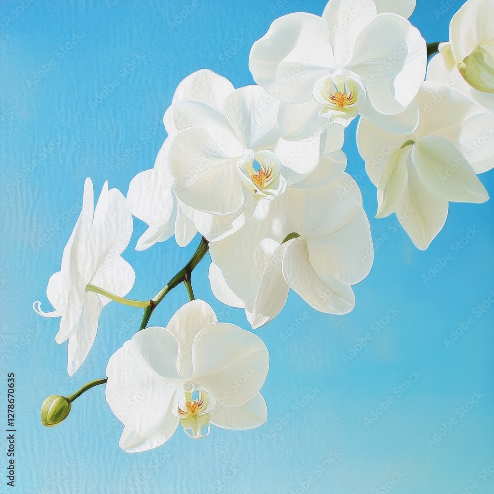 Fototapeta premium White orchids against a light blue sky