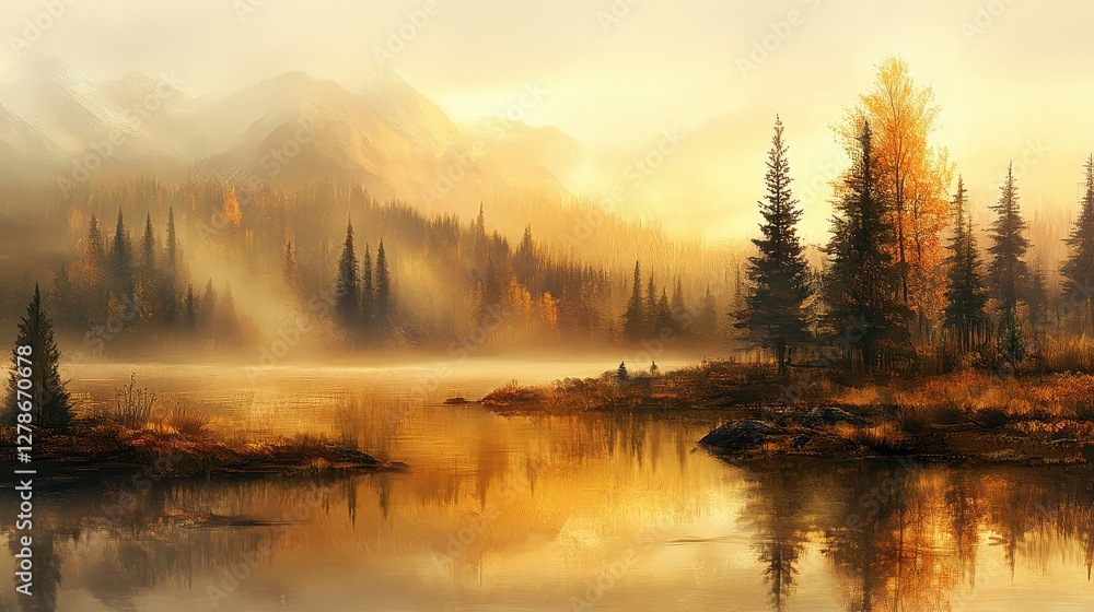 Fototapeta premium Serene Autumn Landscape with Golden Trees and Reflective Water