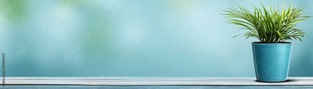 Fototapeta premium A vibrant green plant in a blue pot rests on a wooden table, set against a softly blurred, light blue background.