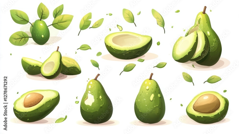 Ripe avocados in various forms, some are half sliced, with leaves, on white Ripe avocados in various forms, some are half sliced, with leaves, on white