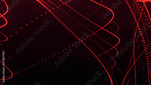 Dynamic wave of glowing particles. Abstract dotted lines on dark background. Chaotic colored lines. Motion effect. Vector illustration