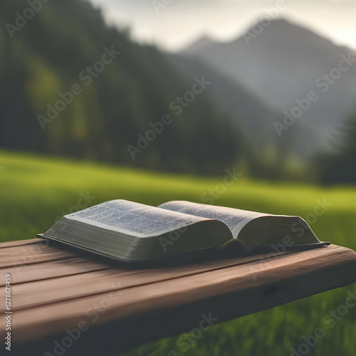 Open Book on Wooden Bench, ...