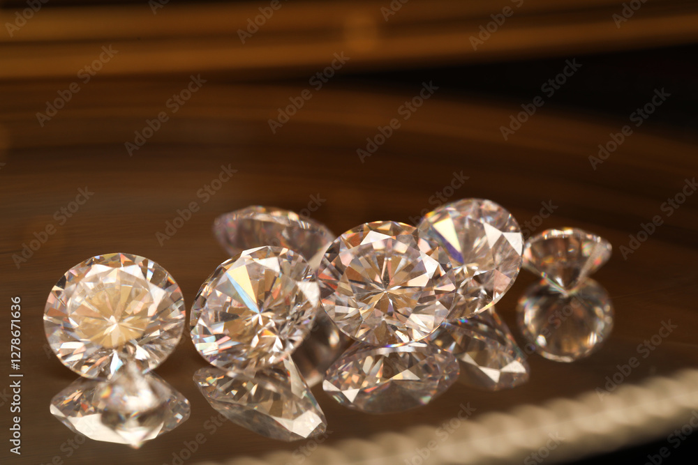 Beautiful shiny gemstones on golden tray, closeup Beautiful shiny gemstones on golden tray, closeup
