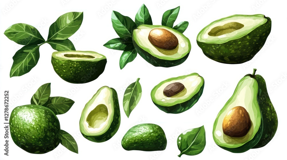 Sliced and whole avocado set with green leaves for healthy eating illustration Sliced and whole avocado set with green leaves for healthy eating illustration