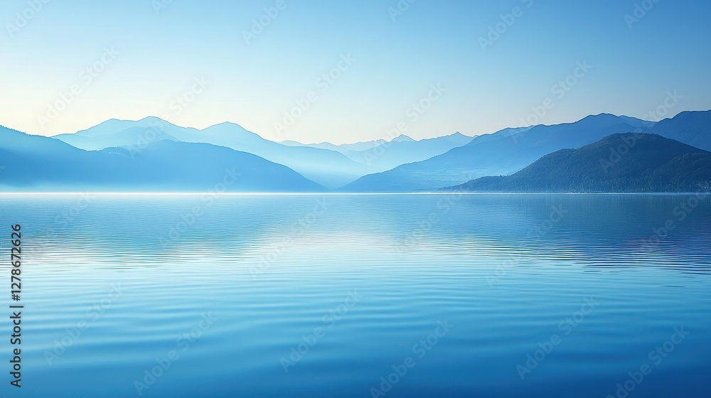 Serene Blue Lake with Misty Mountains Under Clear Sky at Sunrise Serene Blue Lake with Misty Mountains Under Clear Sky at Sunrise