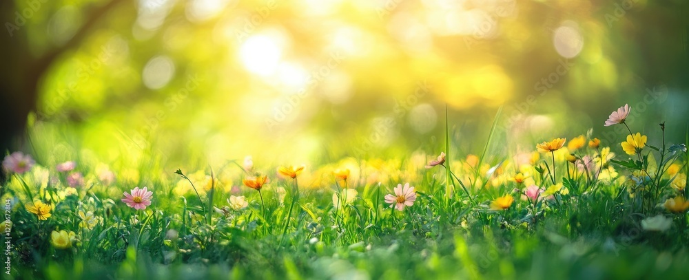 Spring flowers in a meadow, sunny day, nature background Spring flowers in a meadow, sunny day, nature background