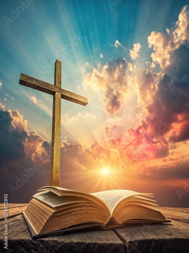 Heavenly faith wooden cross and bible with serene sunset