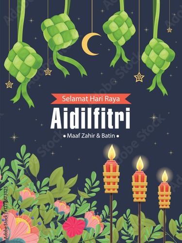 Hari Raya Aidilfitri background design with ketupat. Malay means Fasting day celebration, I seek forgiveness, physically and spiritually.